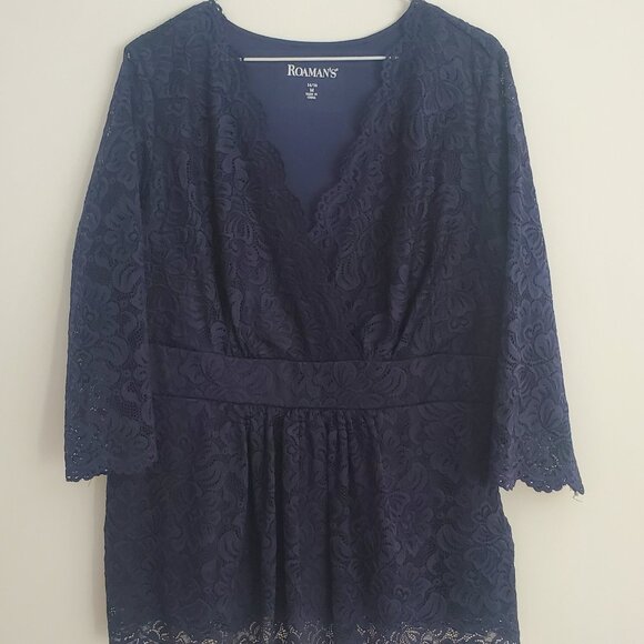 ROAMAN'S Women's Plus Size Dressy Lace Babydoll Blouse Top Crossover V Neck Navy - Picture 1 of 6